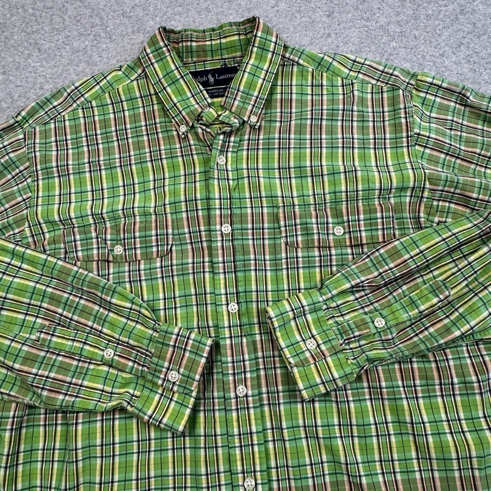 Ralph Lauren RL Work Shirt Mens‎ Large Button Down Green Plaid Cotton Preppy